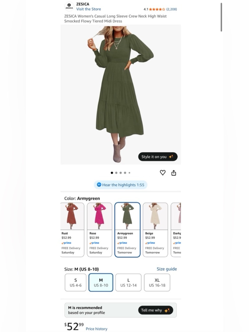 ZESICA Women's Casual Long Sleeve Crew Neck High Waist Smocked Flowy Dress M